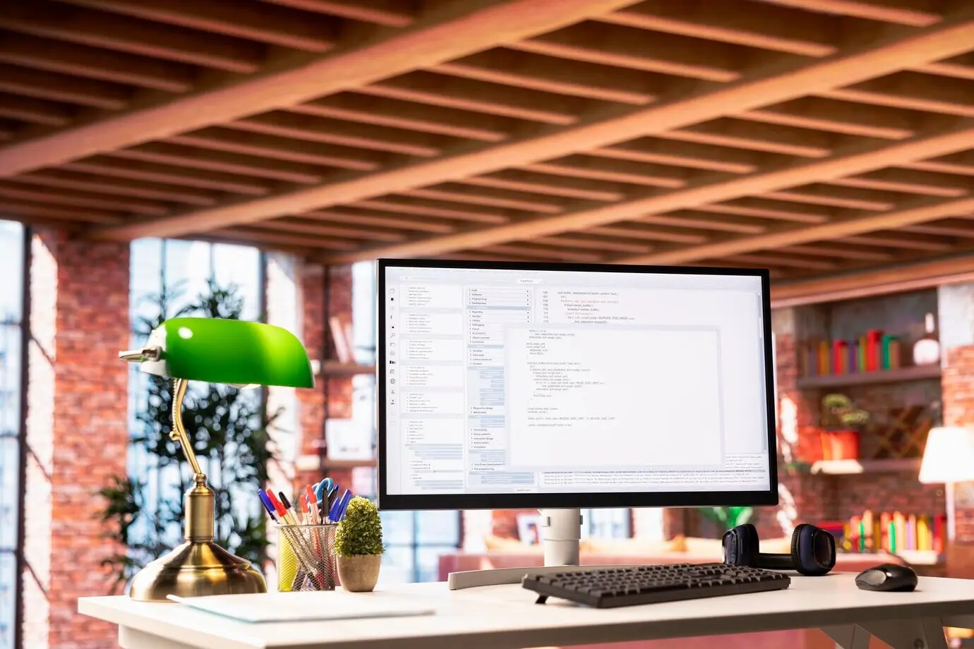 Auf einem PC-Bildschirm werden Software entwickelt und Code geschrieben.