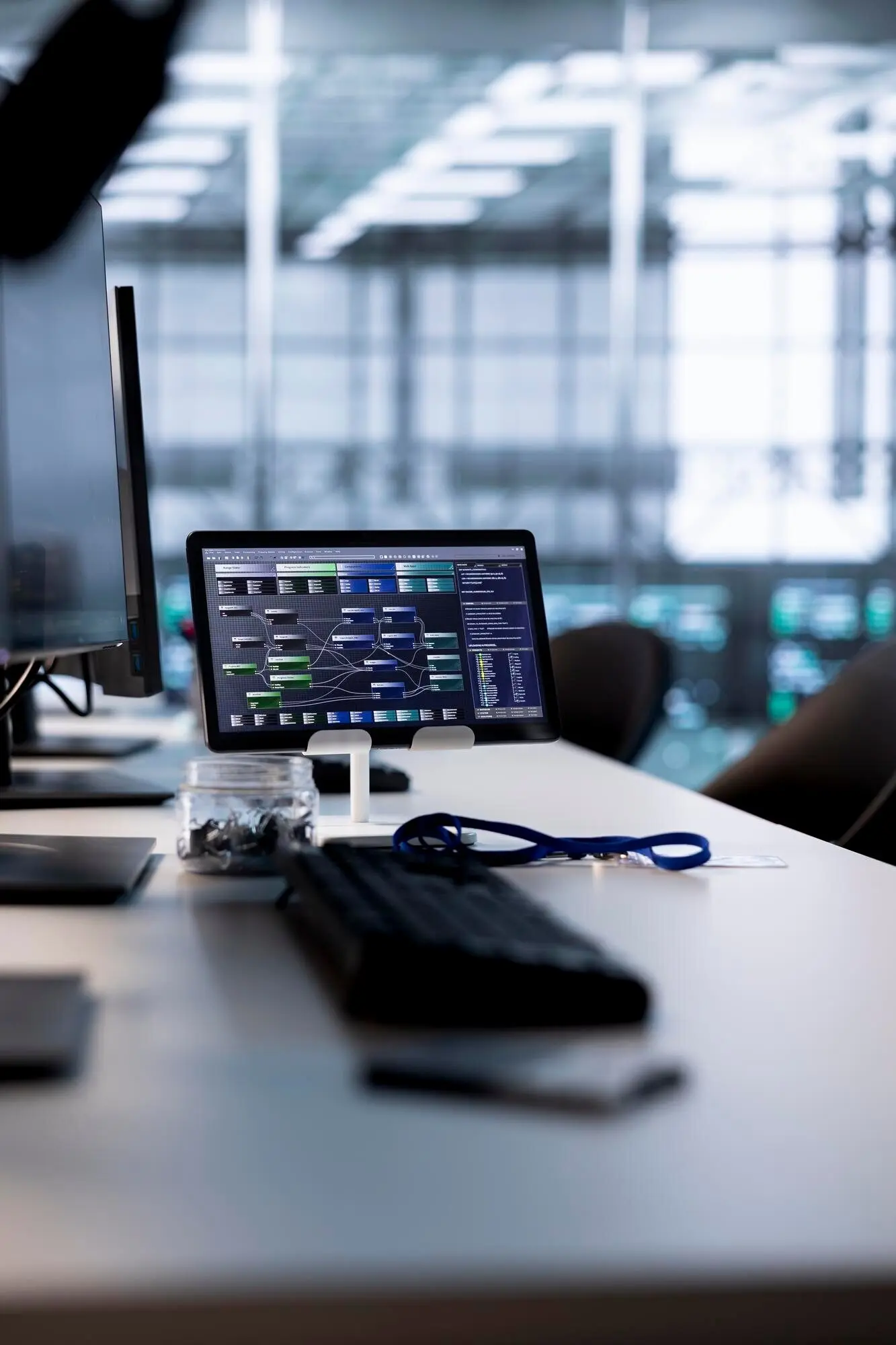 Auf Computerbildschirmen und einem Tablet läuft Code in einem leeren Rechenzentrum.